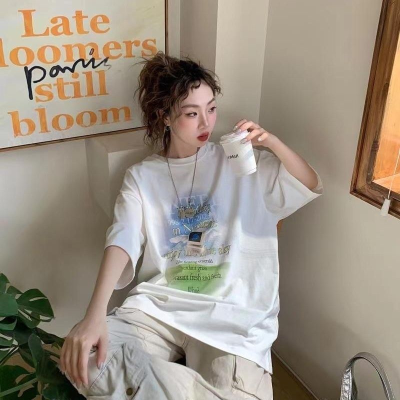 噴繪印花韓版短袖t恤女夏裝寬鬆休閒百搭上衣潮