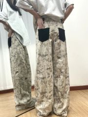 美式復古扎染印花休閒闊腿褲女秋季新款高腰寬鬆顯瘦垂感拖地長褲