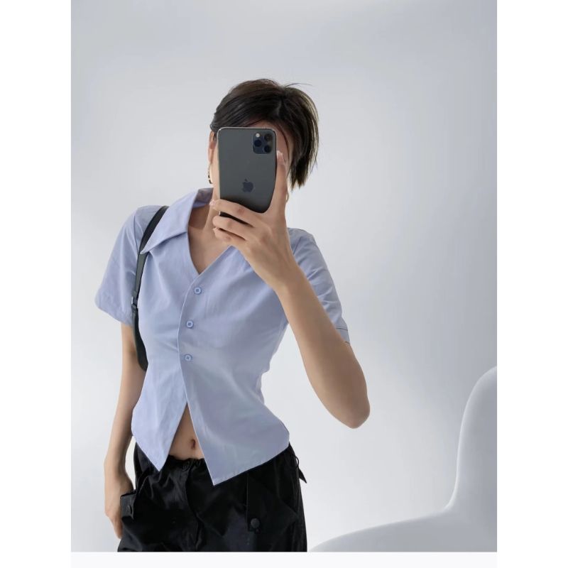 Sweet and cool hot girl slim solid color V-neck waist short-sleeved shirt for women in summer, women's European and American slim bottoming top