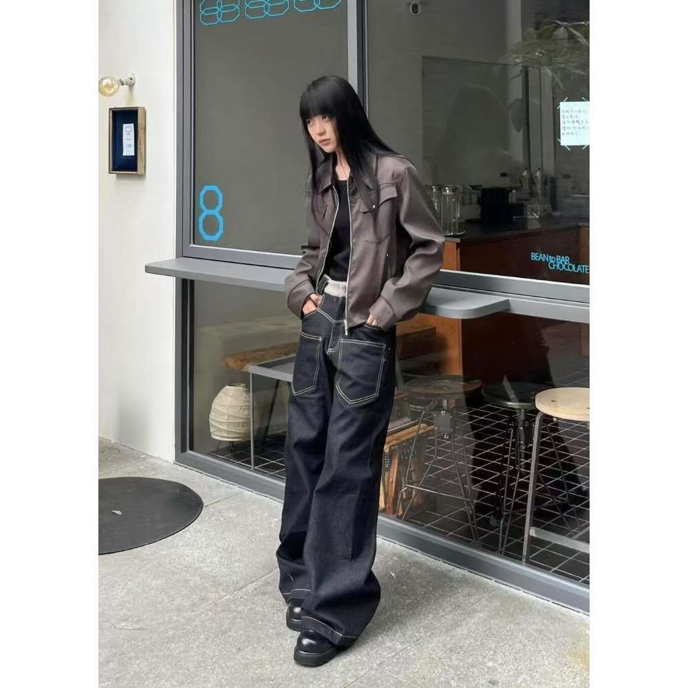 Real shot of 2025 spring fashion American high street retro splicing back-wearing scimitar jeans for women wide-leg long trousers trendy