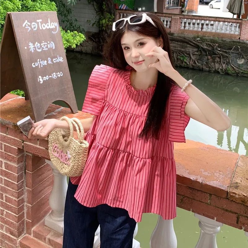 飛飛袖荷葉領條紋襯衫女夏季2025新款百搭休閒寬鬆顯瘦設計感上衣
