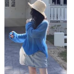 韓系藍色冰絲針織防曬空調衫女夏季配吊帶裙外搭寬鬆薄紗上衣罩衫