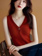 紅色針織V領修身無袖T恤女2025新款夏季小眾甜辣短款吊帶背心上衣