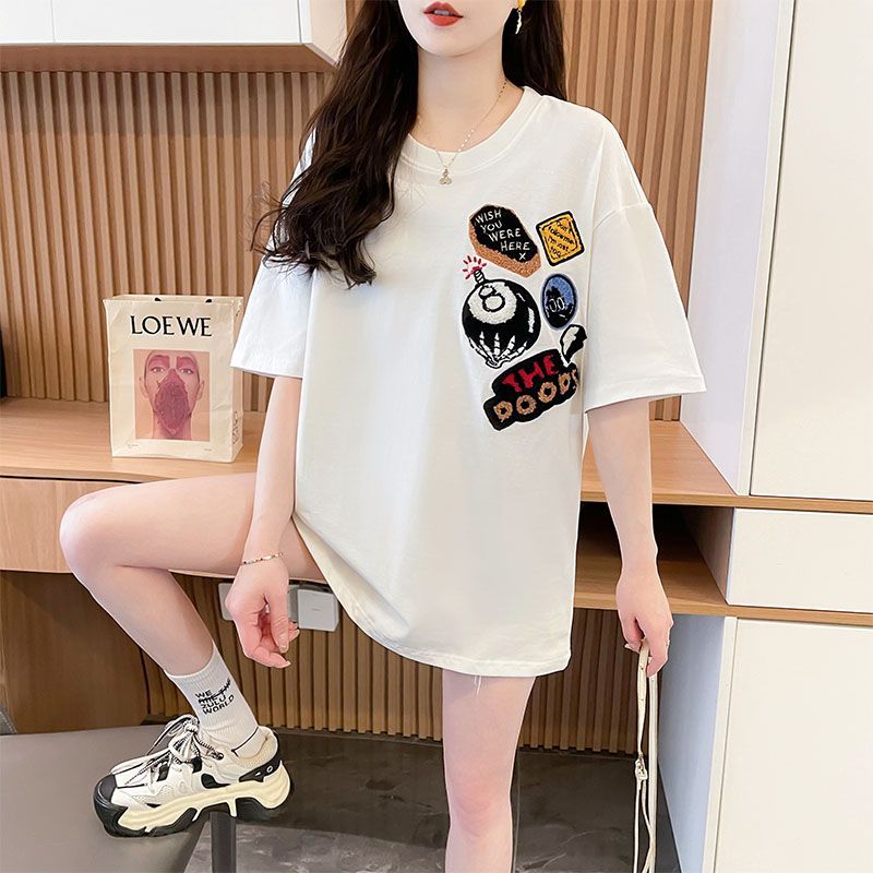 Real shot of 240g pure cotton large size Korean loose embroidered T-shirt for women's summer new versatile short-sleeved top couple