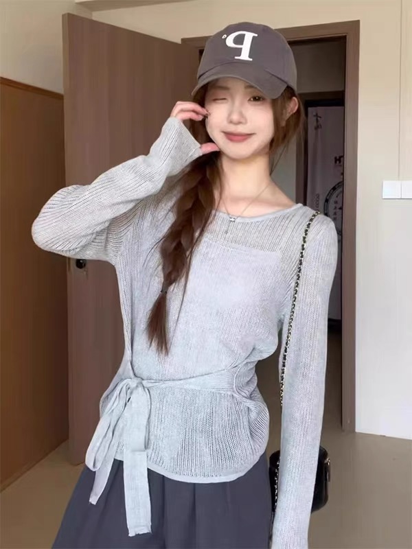 Korean gray thin thin, slightly transparent long-sleeved sweater for women in spring and summer lazy style, loose sunscreen top