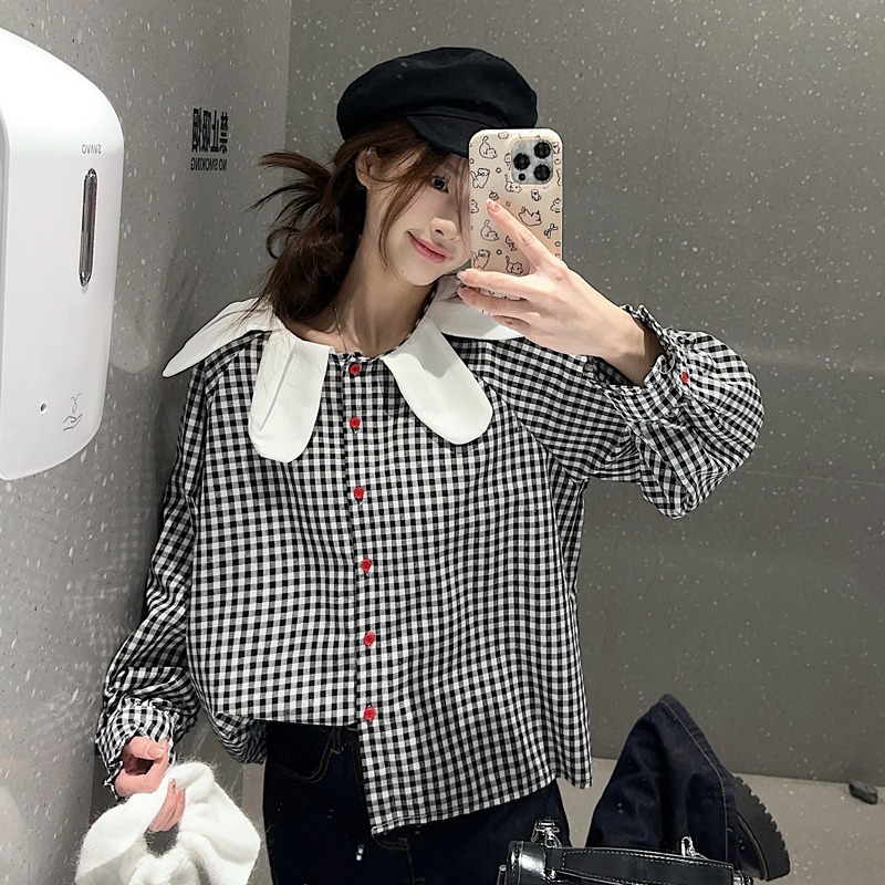 藝術花瓣領設計感日系復古格子襯衫女裝春季新款小眾別致疊搭上衣