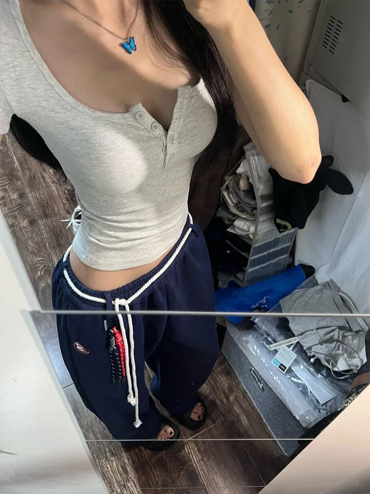 1*1莫代爾美式復古正肩方領紐扣短袖t恤女夏彈力修身顯瘦短款上衣