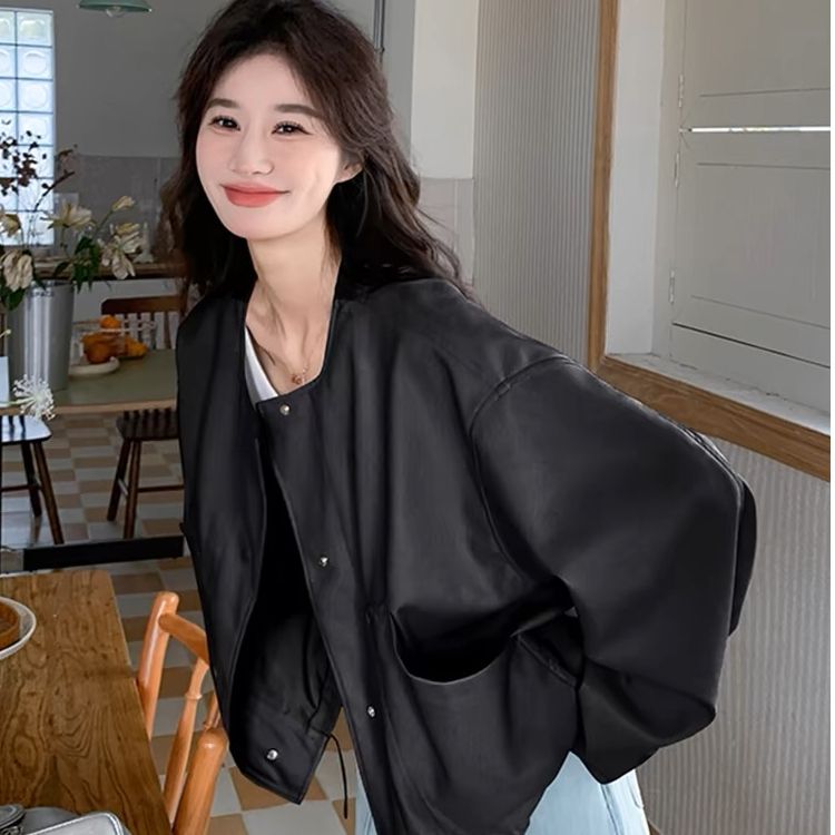 Spring 2025 New Design-Friendly Hem Drawstring Baseball Jacket Leather Coat Women's Loose Casual Motorbike Jacket