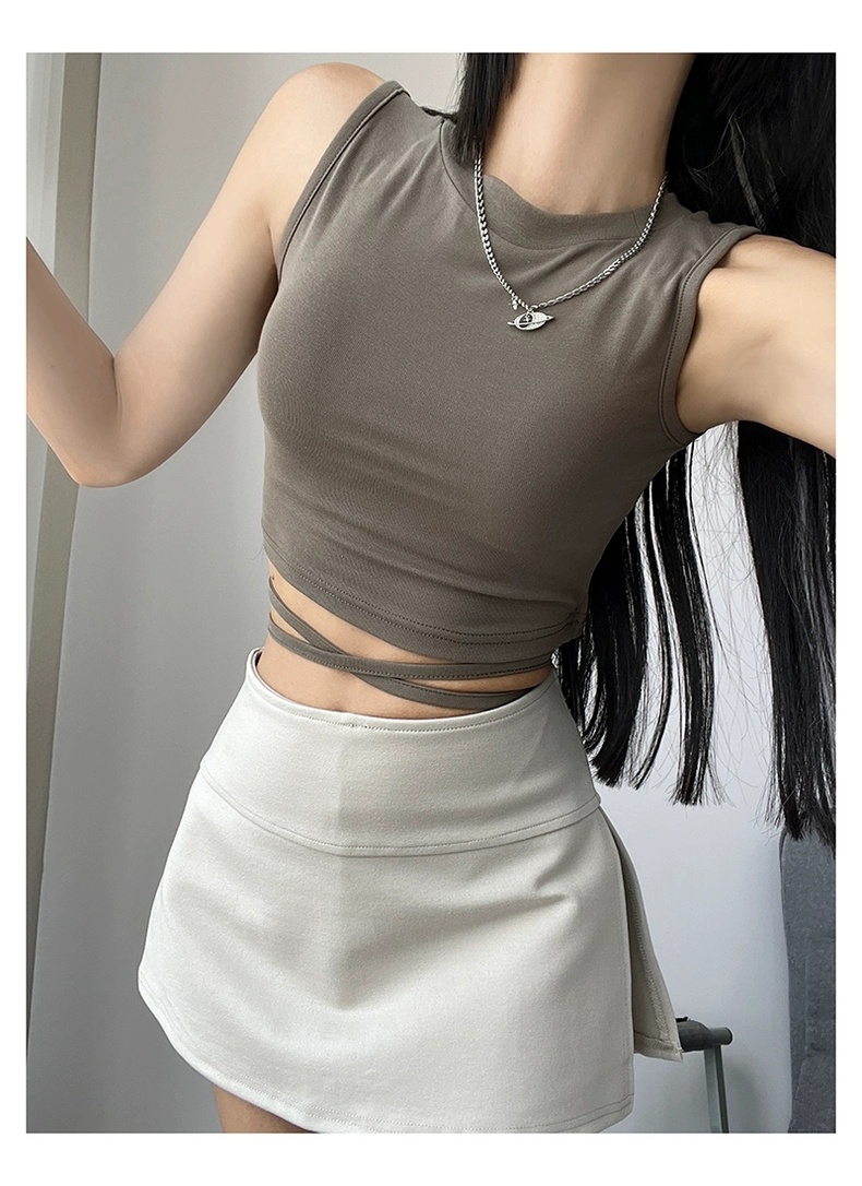ZRSHOP純欲辣妹無袖圓領T恤性感露臍綁帶背心彈力緊身純色短上衣