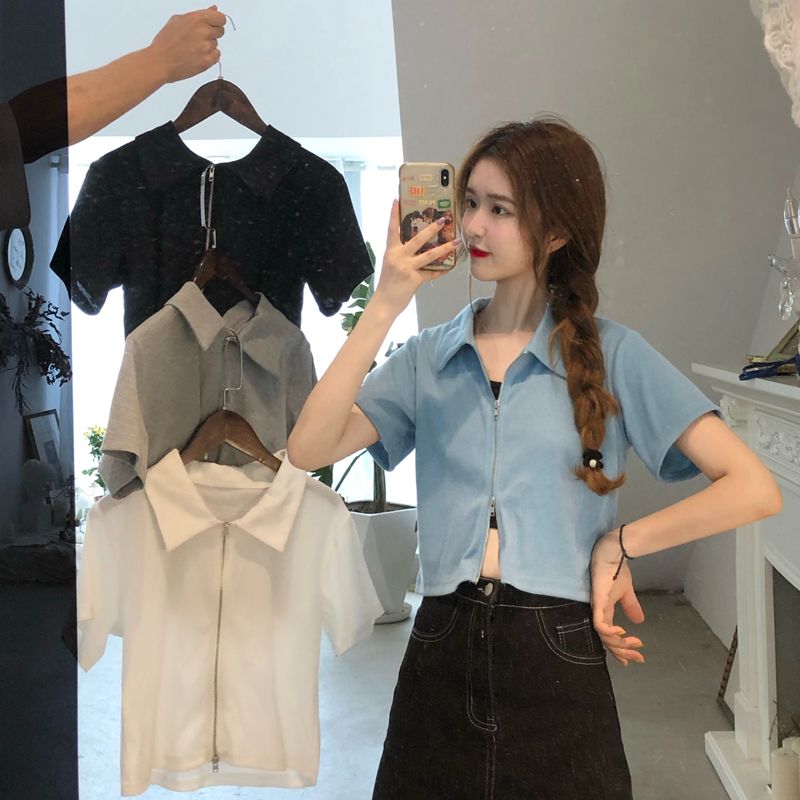 網紅polo領雙拉鏈開衫短袖t恤女夏季ins超火設計感短款露臍上衣潮