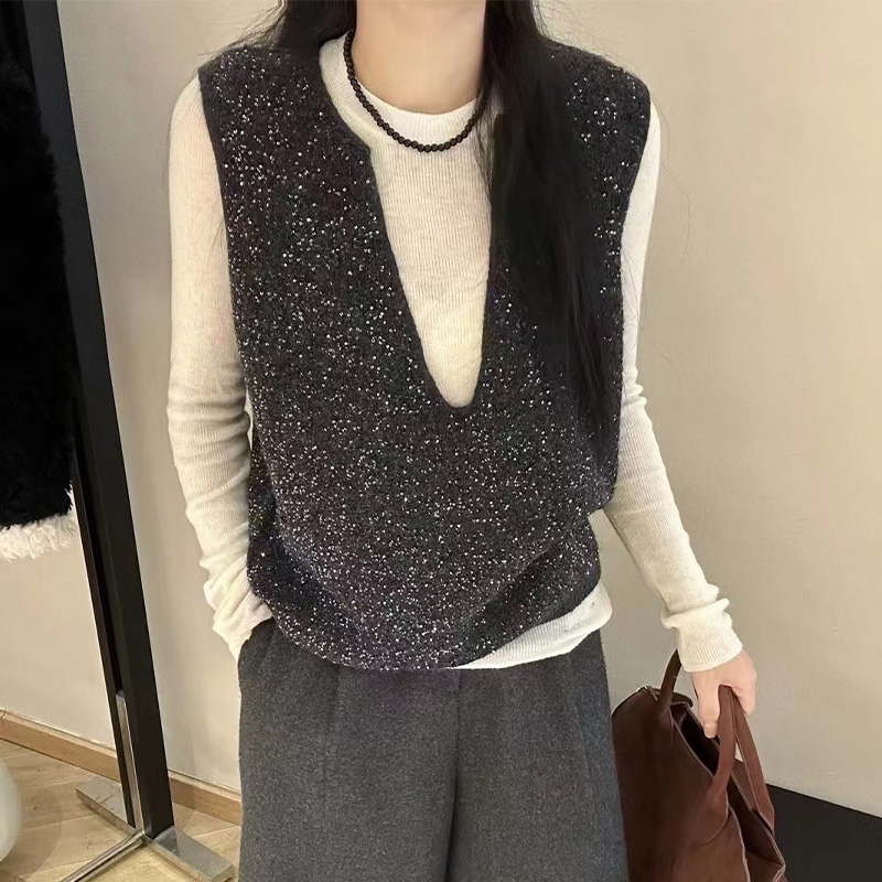 2025年春秋歐洲站慵懶風V領亮片針織馬甲女新款時尚百搭毛衣女