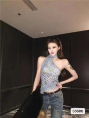 2025春夏新格子掛脖斜領單肩露棉背心韓日歐美暗黑個性設計搖滾酷