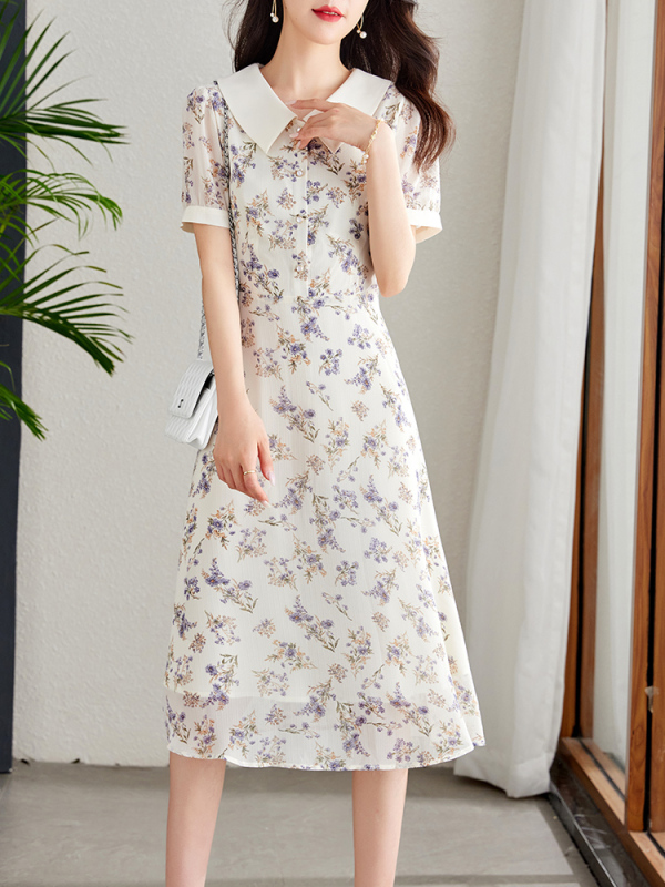 2025溫柔風翻領碎花連衣裙女夏季浪漫氣質收腰雪紡茶歇法式裙子