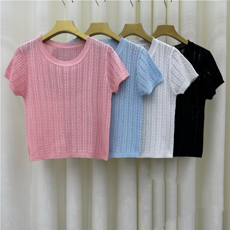 Design sense hollowed-out twist ice silk knitted short-sleeved T-shirt for women's summer new short T-shirt top