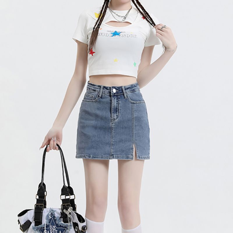 Simple and pure half-body denim girl's new spring and summer slim casual and versatile fashion A-line hip denim skirt
