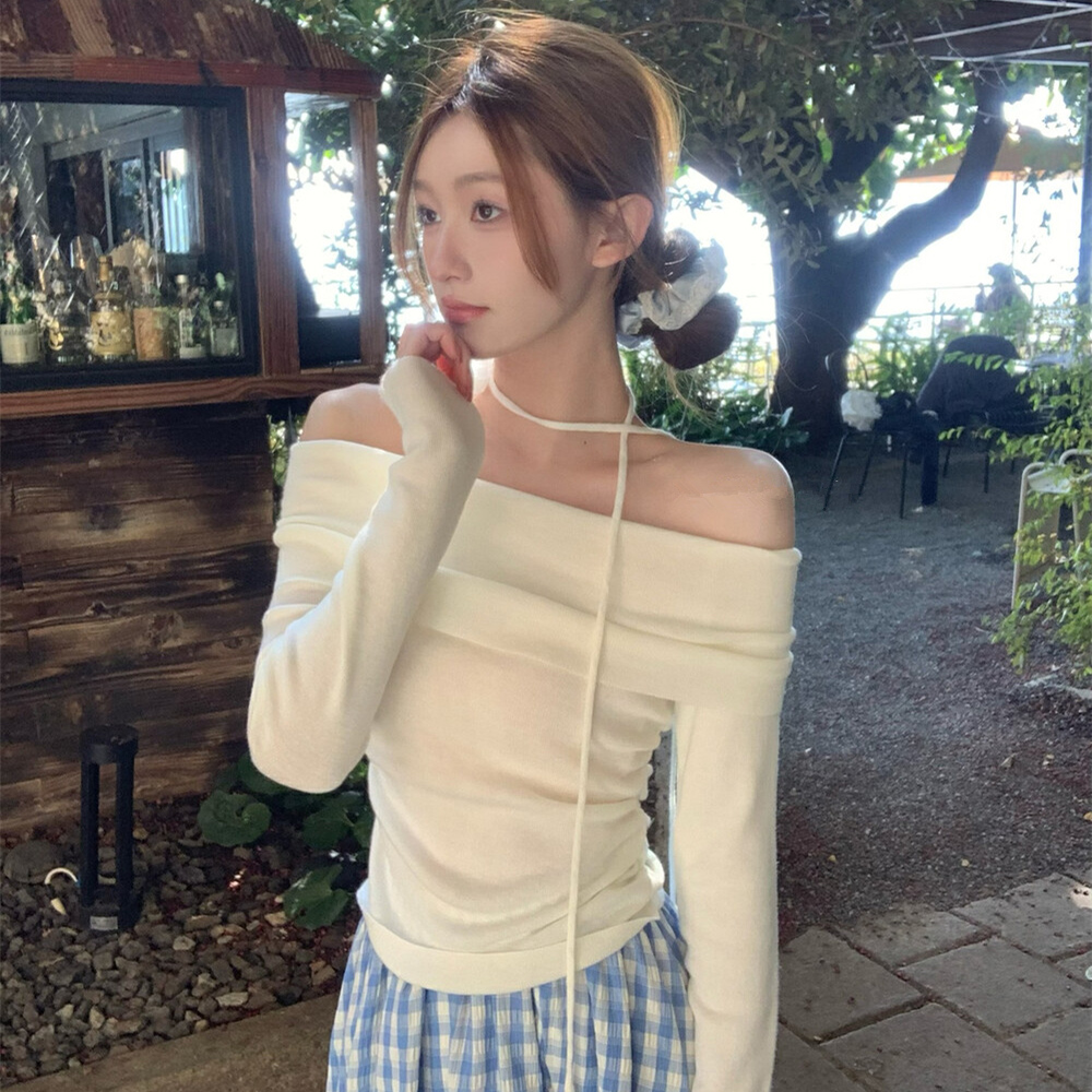 AS OFFICIAL2025春日限定色系一字肩抽褶設計針織衫配花朵飄帶