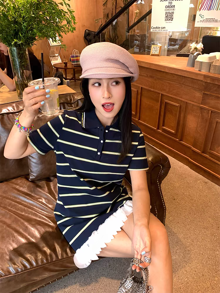 夏季新款 藏青色條紋裙子連衣裙新款女POLO領寬鬆針織裙