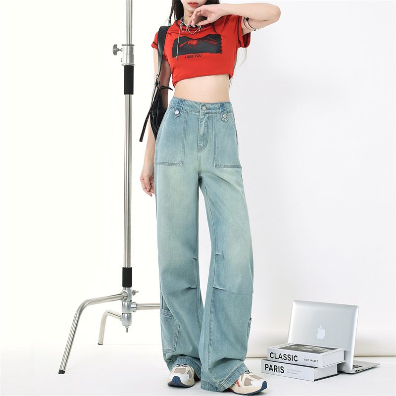 Real shot of 2025 spring and summer fashion workwear Tennis cotton elastic waist slimming jeans for women