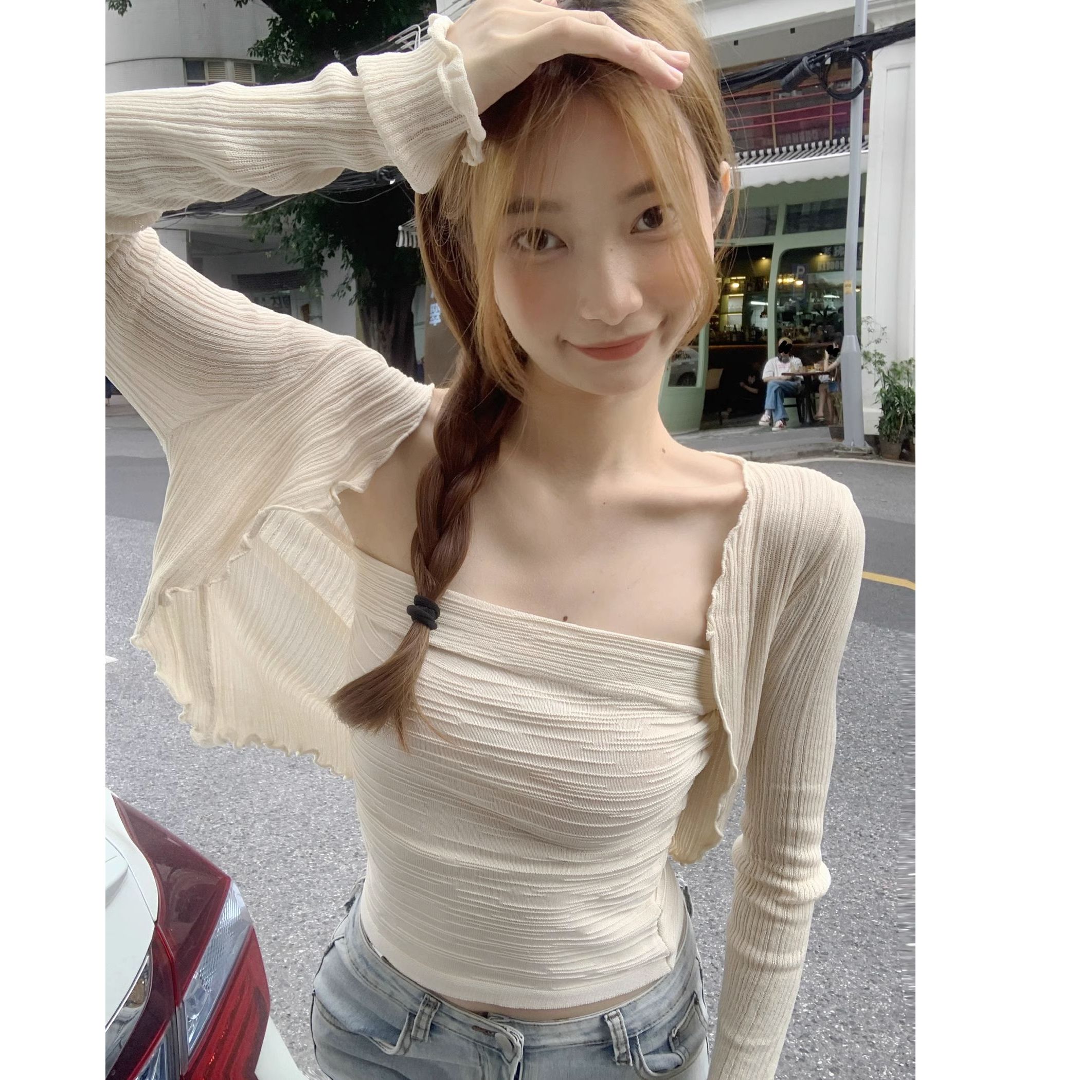 甜辣妹套裝短款薄款防曬小開衫外套女夏抹胸背心上衣兩件套
