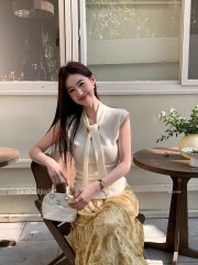 LS設計感飄帶套頭羊毛針織上衣女春季2025新款修身顯瘦無袖背心