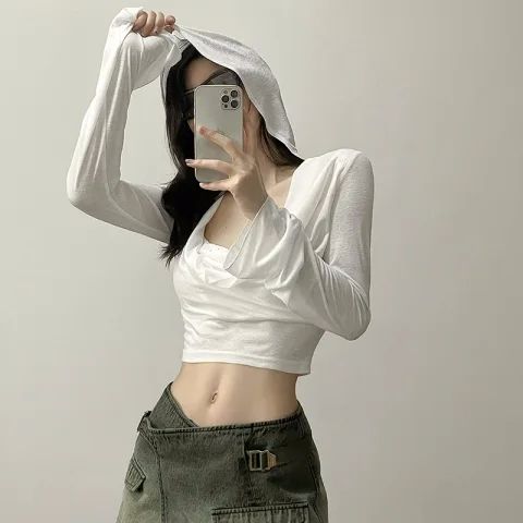 原版優質面料 拽酷辣妹風性感連帽t恤女薄款防曬短款露臍上衣
