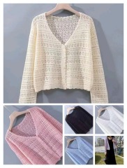 2025法式鏤空冰絲針織開衫女夏季小個子寬鬆長袖防曬披肩外搭上衣