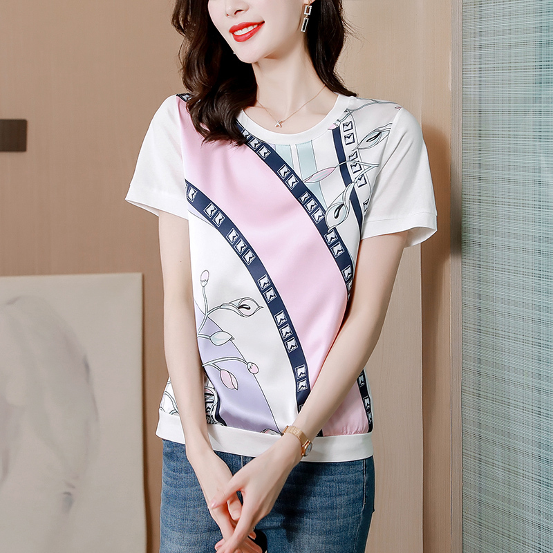 實拍新款夏裝桑蠶絲T恤女上衣洋氣2025真絲短袖女印花緞面休閒