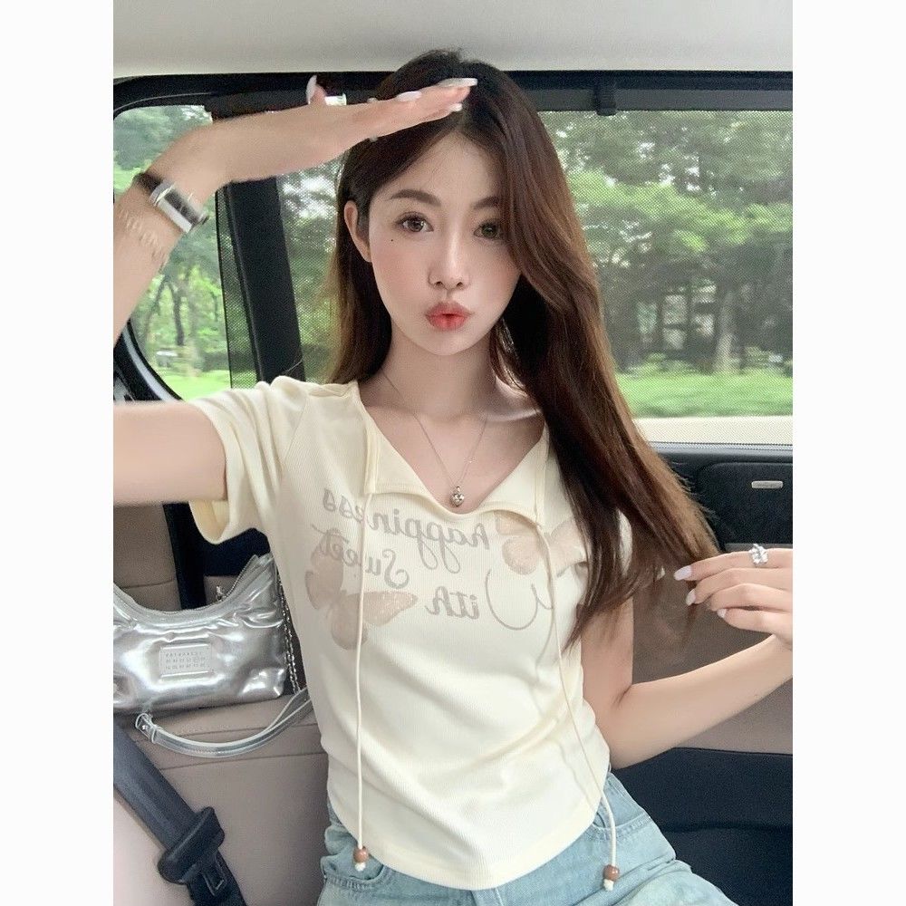 Korean chic summer new design niche butterfly printed short top trendy small short-sleeved T-shirt for women