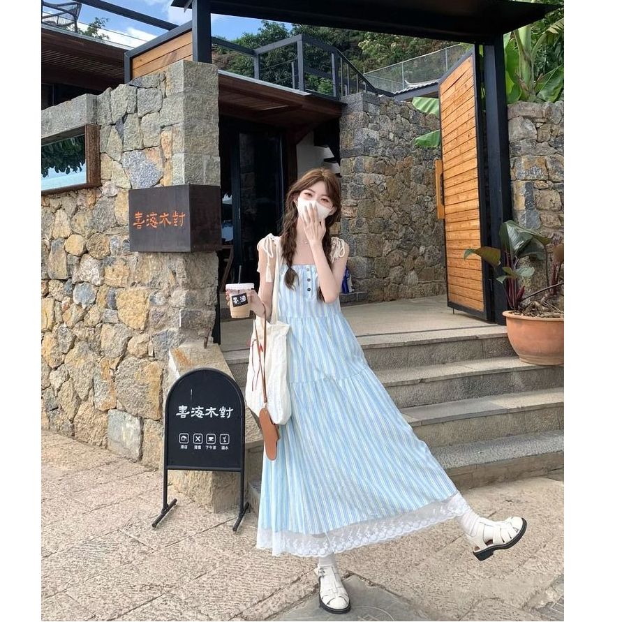 Korean blue striped strap suspender dress for women in summer seaside vacation long skirt sleeveless loose a-line skirt