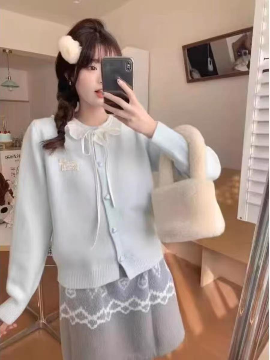 新款針織開衫溫柔甜美蝴蝶結雷絲系帶毛衣上衣女春季寬鬆顯瘦外套