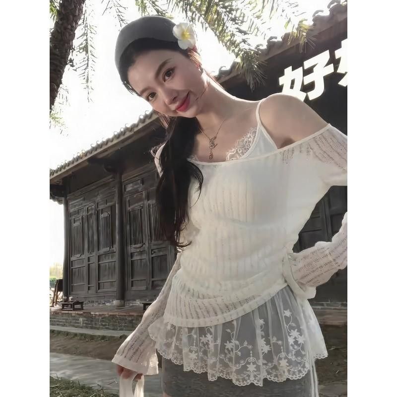 白色蕾絲拼接吊帶背心內搭女夏季疊穿設計感小眾防曬罩衫薄紗上衣