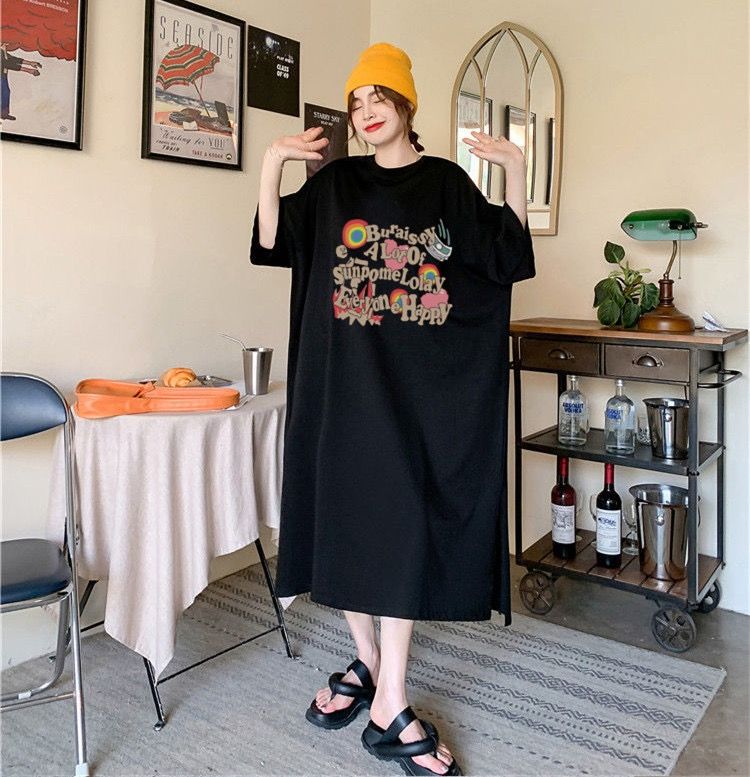 仿棉牛奶絲# 港風女薄款個性印花大碼懶人裙中長款寬鬆顯瘦裙子