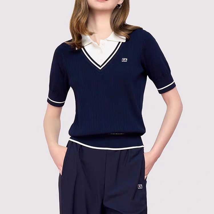 European station French temperament breathable thread fake two-piece lapel sweater short-sleeved T-shirt fashionable niche top trendy