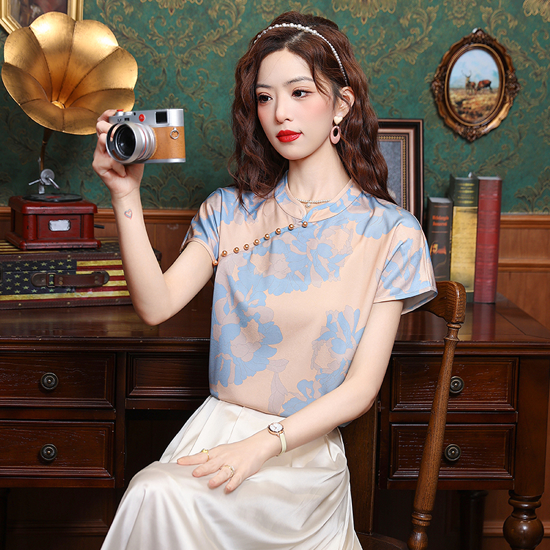 實拍夏季2025夏裝提花新中式國風真絲短袖雪紡襯衫女時尚盤扣上衣