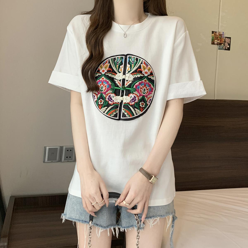 正肩短袖t恤女裝夏季新中式國風刺繡小衫上衣大碼半袖2025年新款