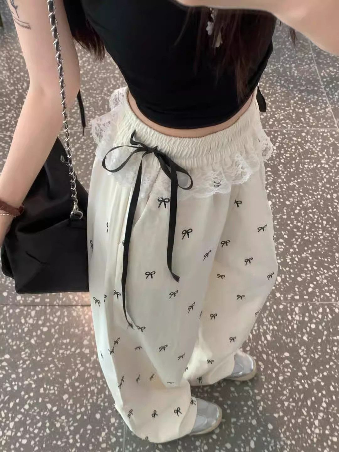 甜辣妹蕾絲邊拼接休閒褲蝴蝶結褲子女夏季寬鬆鬆緊腰闊腿褲直筒褲