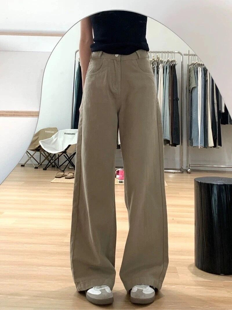 卡其色復古高腰闊腿牛仔褲女秋季新款休閒風寬鬆顯瘦直筒拖地褲子