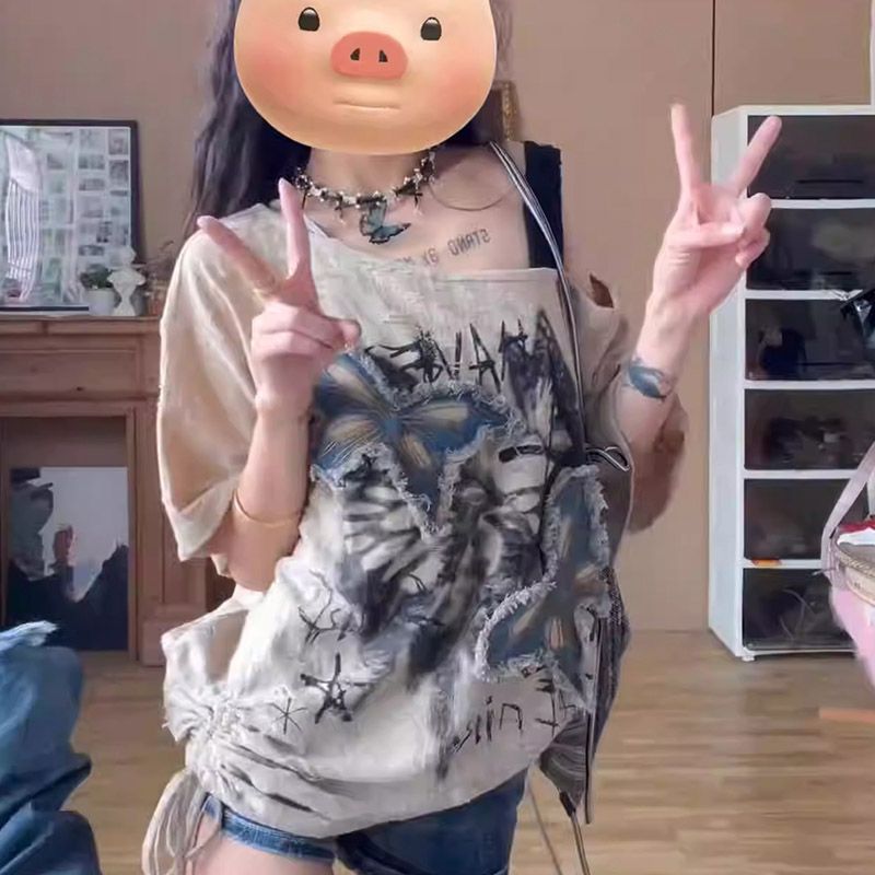 夏季斜肩美式甜酷破洞蝴蝶露肩短袖上衣女重工短袖T恤