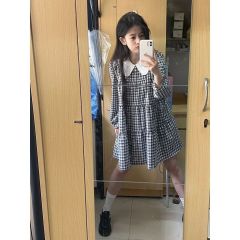 Small contrasting doll collar plaid dress for women with waist slim long sleeves A-line skirt