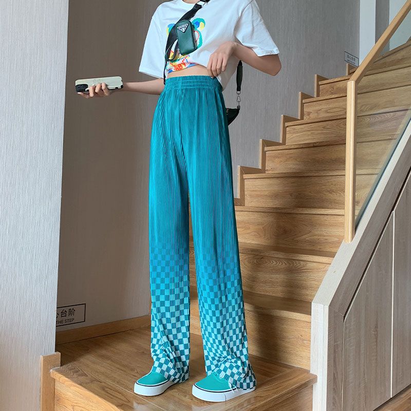 ins潮流棋盤格闊腿褲女夏薄款高腰垂感設計感小眾直筒扎染拖地褲