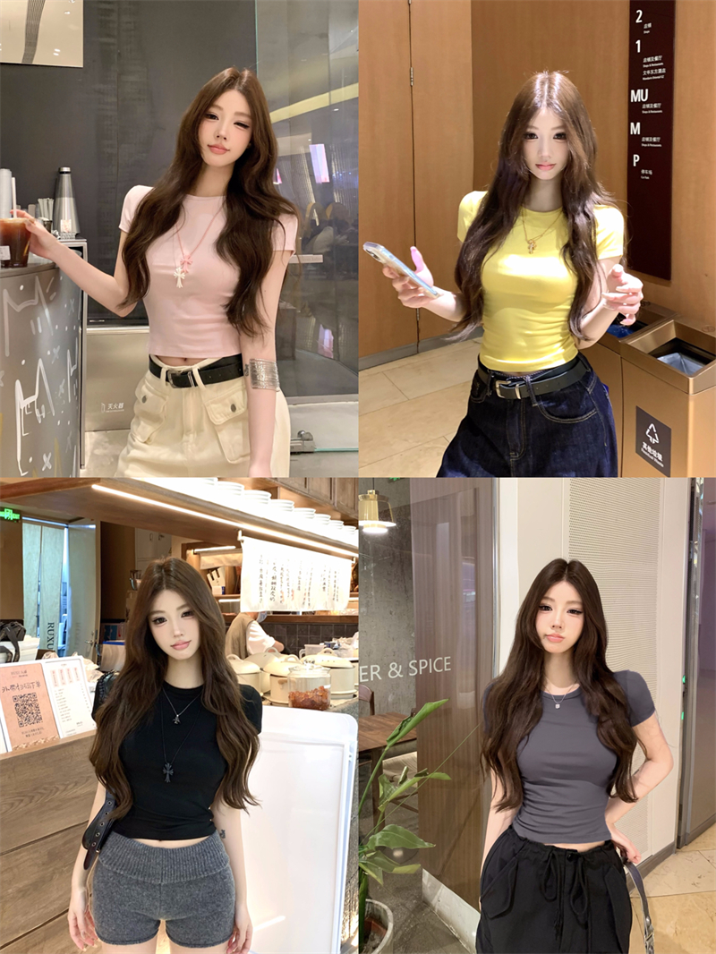 Real shot~ Mermaid New Korean style straight shoulder fairy versatile simple round neck slim knitted short-sleeved T-shirt 4