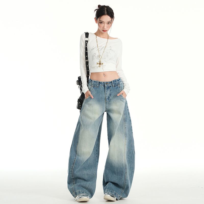 Real shot of 2025 spring fashion trend casual pants for women high waist drooping wide-leg pants