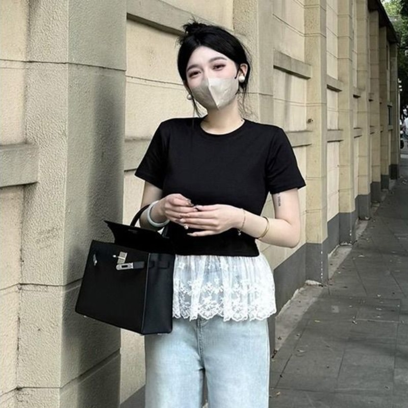 Modal T-shirt for women's summer short-sleeved loose unique beautiful inner top lace lace base shirt