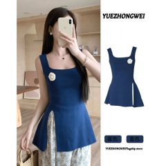 夏季多巴胺穿搭藍色方領針織吊帶背心女內搭外穿修身無袖開叉上衣