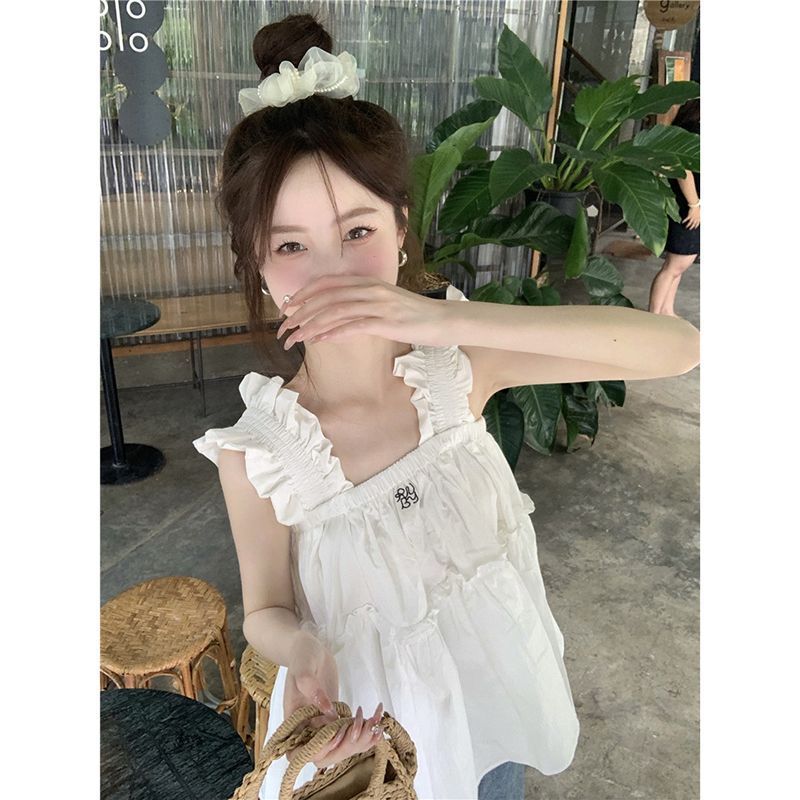 木耳邊褶皺白色小吊帶夏季新款小清新減齡設計感刺繡背心上衣女潮