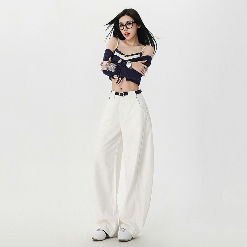 Real shot of 2025 spring loose scimitar jeans women's casual banana trousers