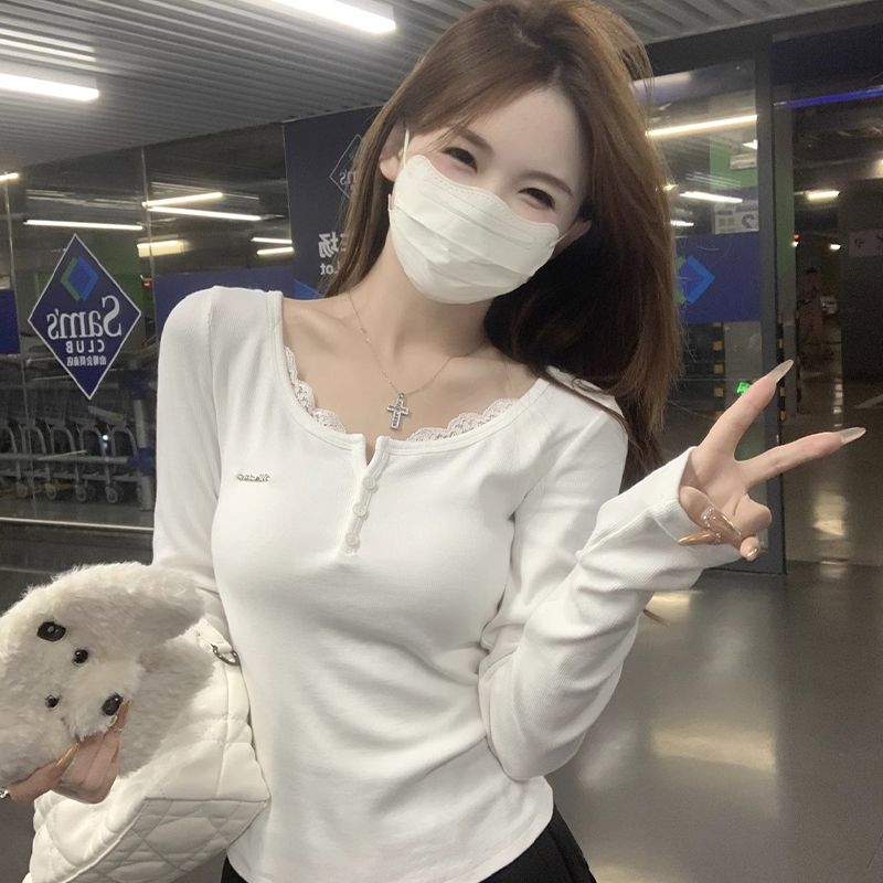 Official picture Spring 2025 Niche spliced ​​lace half-open collar long-sleeved T-shirt underwear top