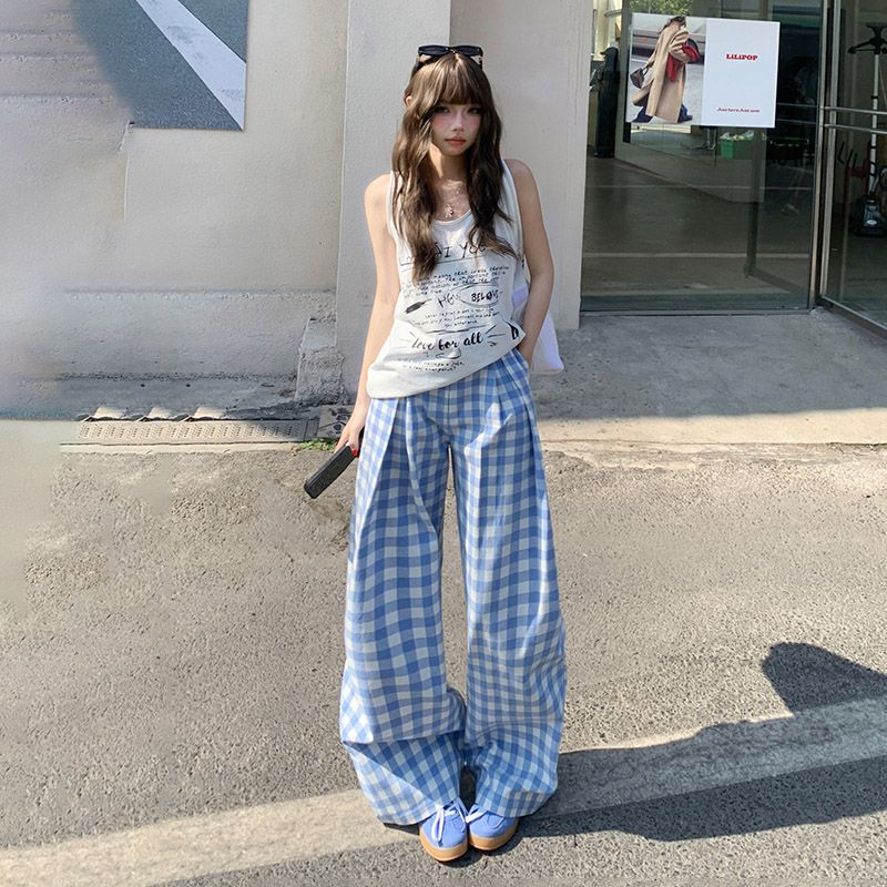 Real shot of 2025 spring fashion high-waist loose wide-leg pants slim plaid casual pants