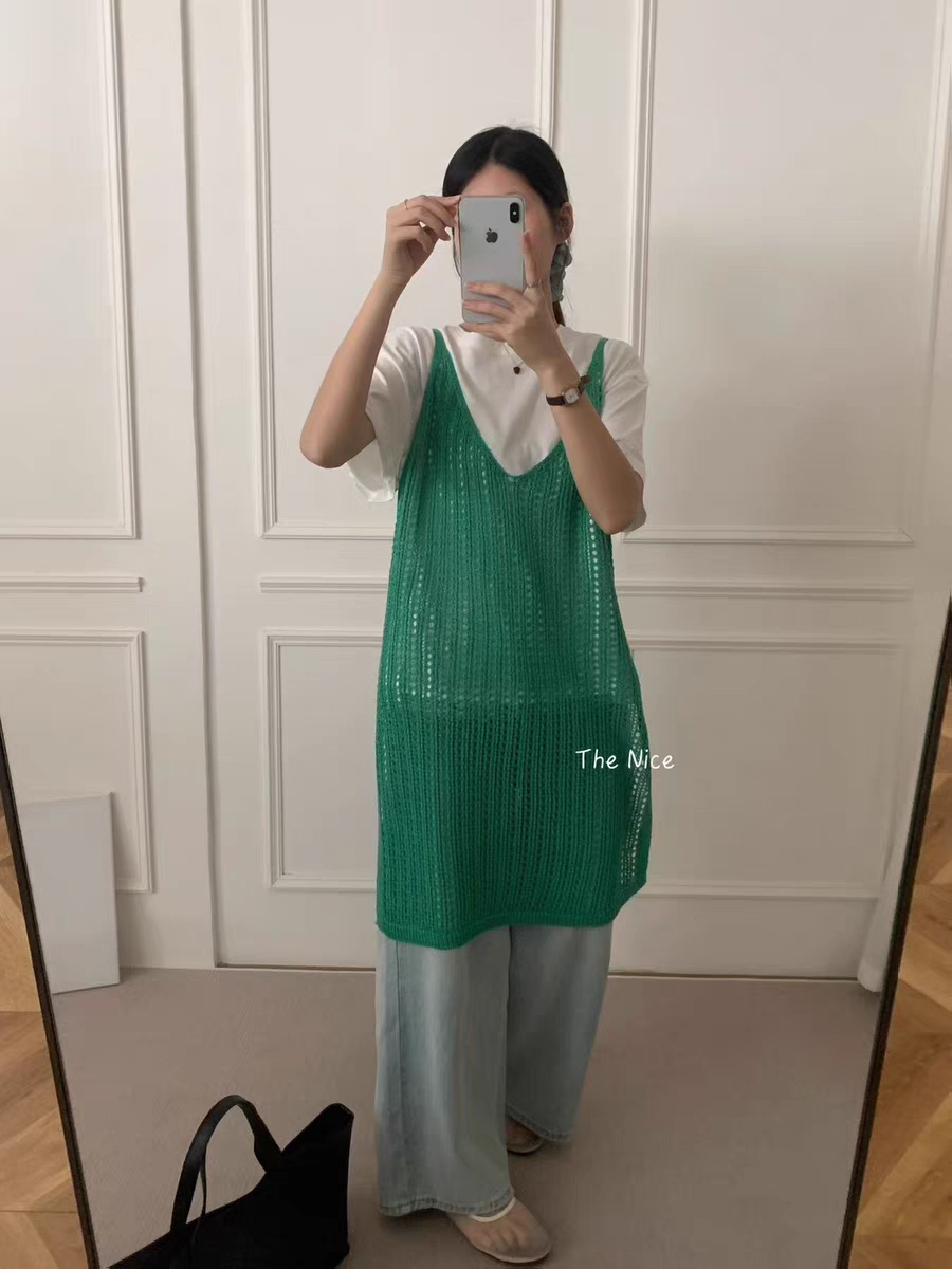 UL韓系鏤空V領罩衫背心女2025春夏新款寬鬆疊穿中長款吊帶連衣裙
