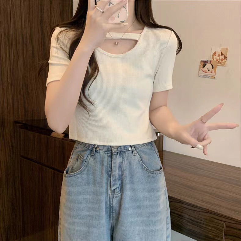 Real shot 6535 cotton summer ribbed design niche short front shoulder short sleeve T-shirt